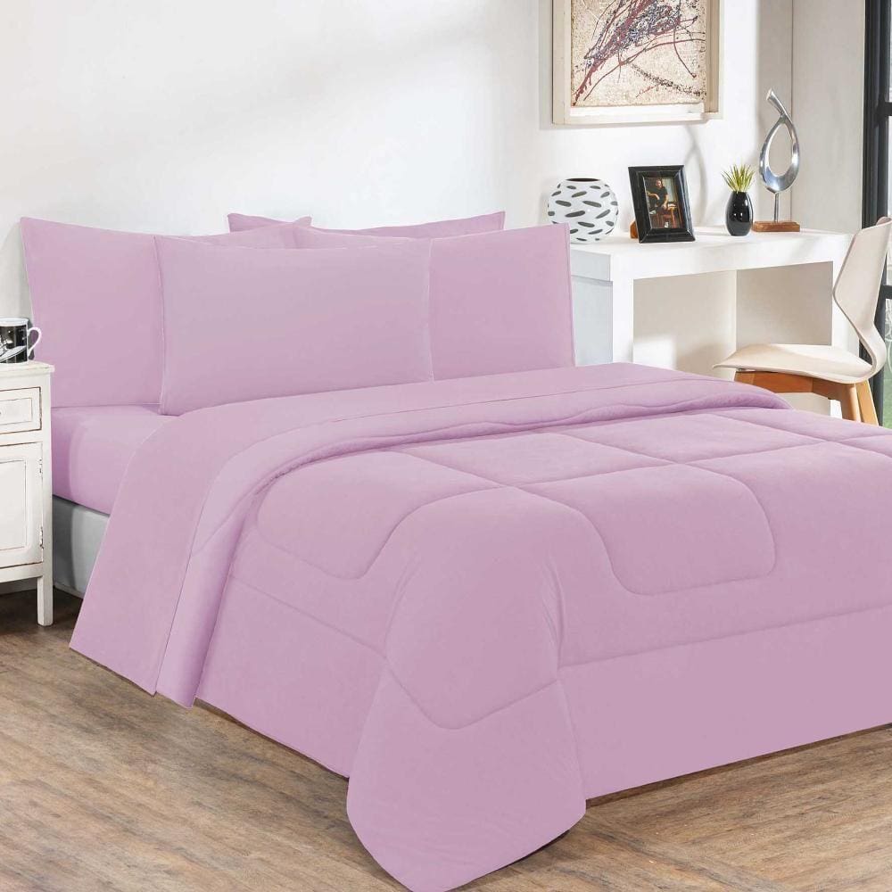 Kit Edredom + Jogo De Lençol Malha 100% Algodão Gran Moratta 7 Peças King - Rosa Bebê-rosa Bebê