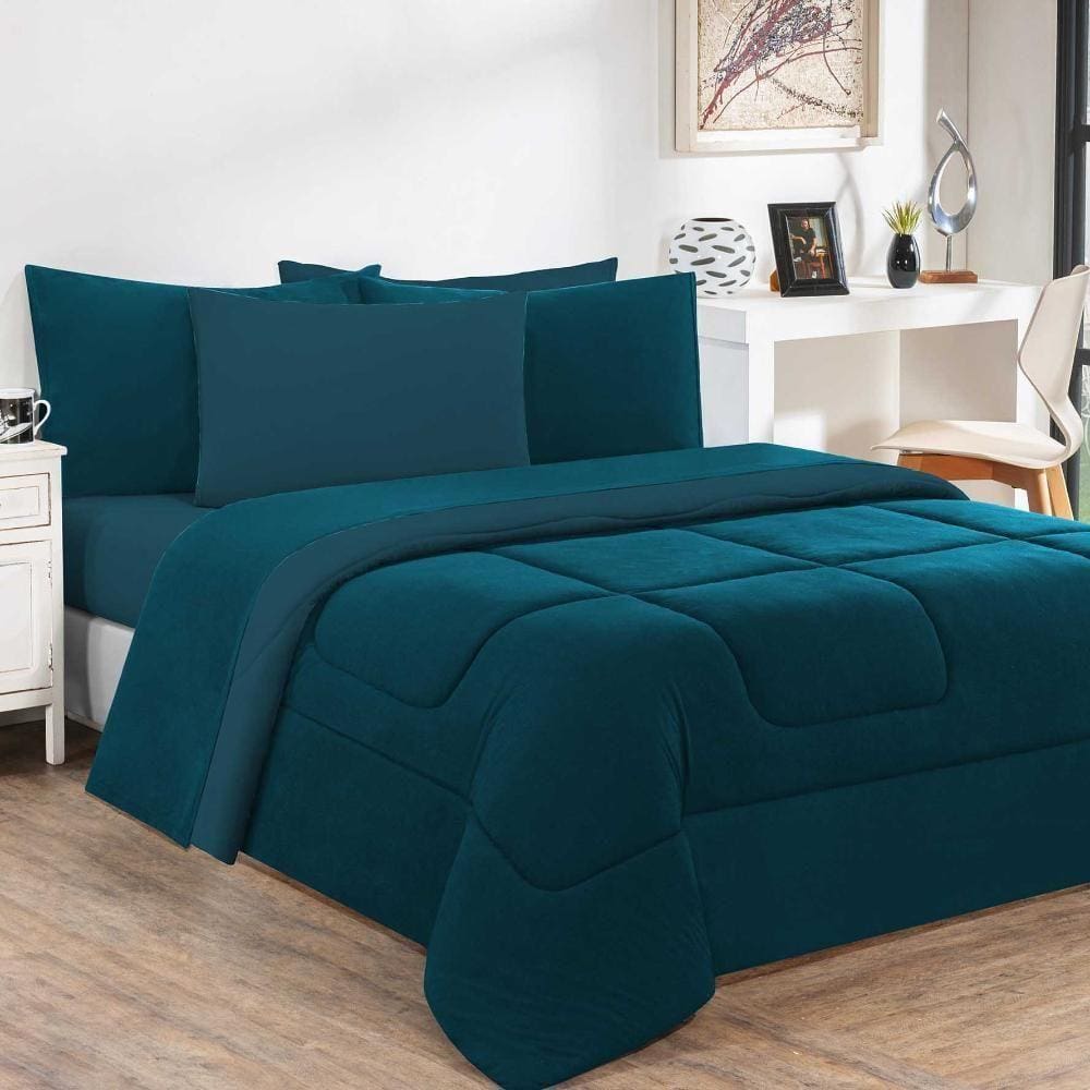 Kit Edredom + Jogo De Lençol Malha 100% Algodão 4 Peças Solteiro - Azul Petróleo-azul Petróleo
