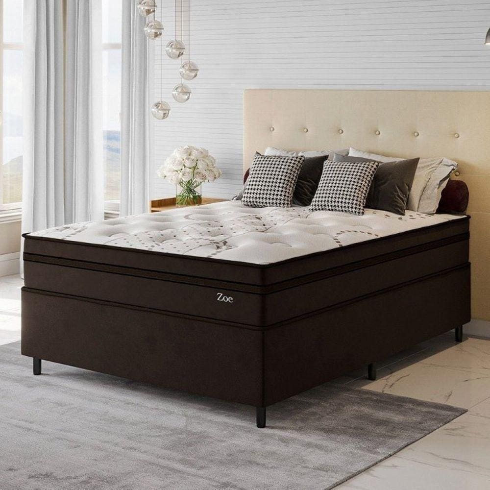 Conjunto Cama Box Casal Zoe Com Molas Ensacadas 138 x 188 x 65 Marrom
