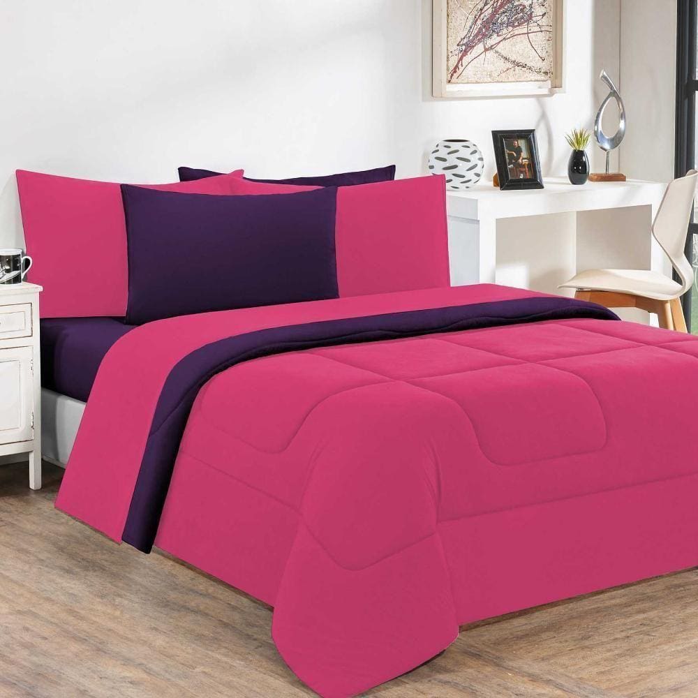 Kit Edredom + Jogo De Lençol Malha 100% Algodão Gran Moratta 7 Peças Queen - Pink -roxo