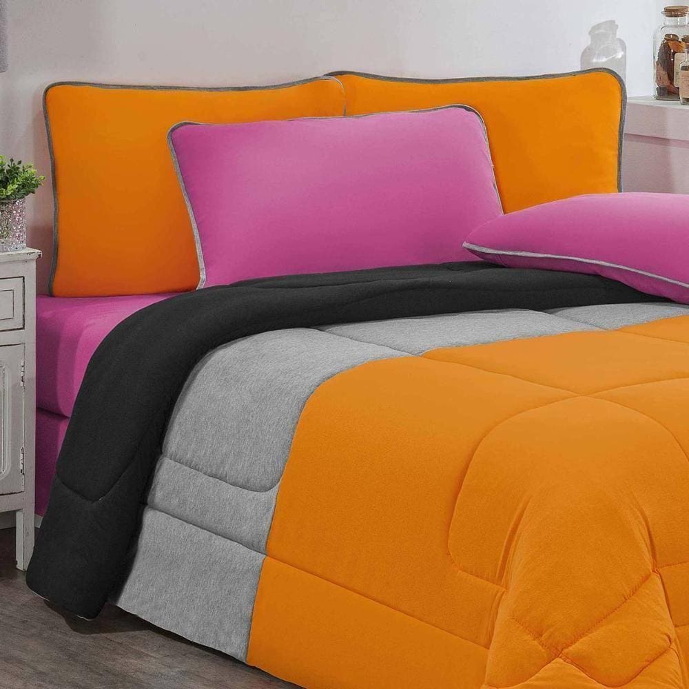 Kit Edredom + Jogo De Lençol Malha 100% Algodão Urbano 4 Peças Solteiro - Laranja-mescla-pink