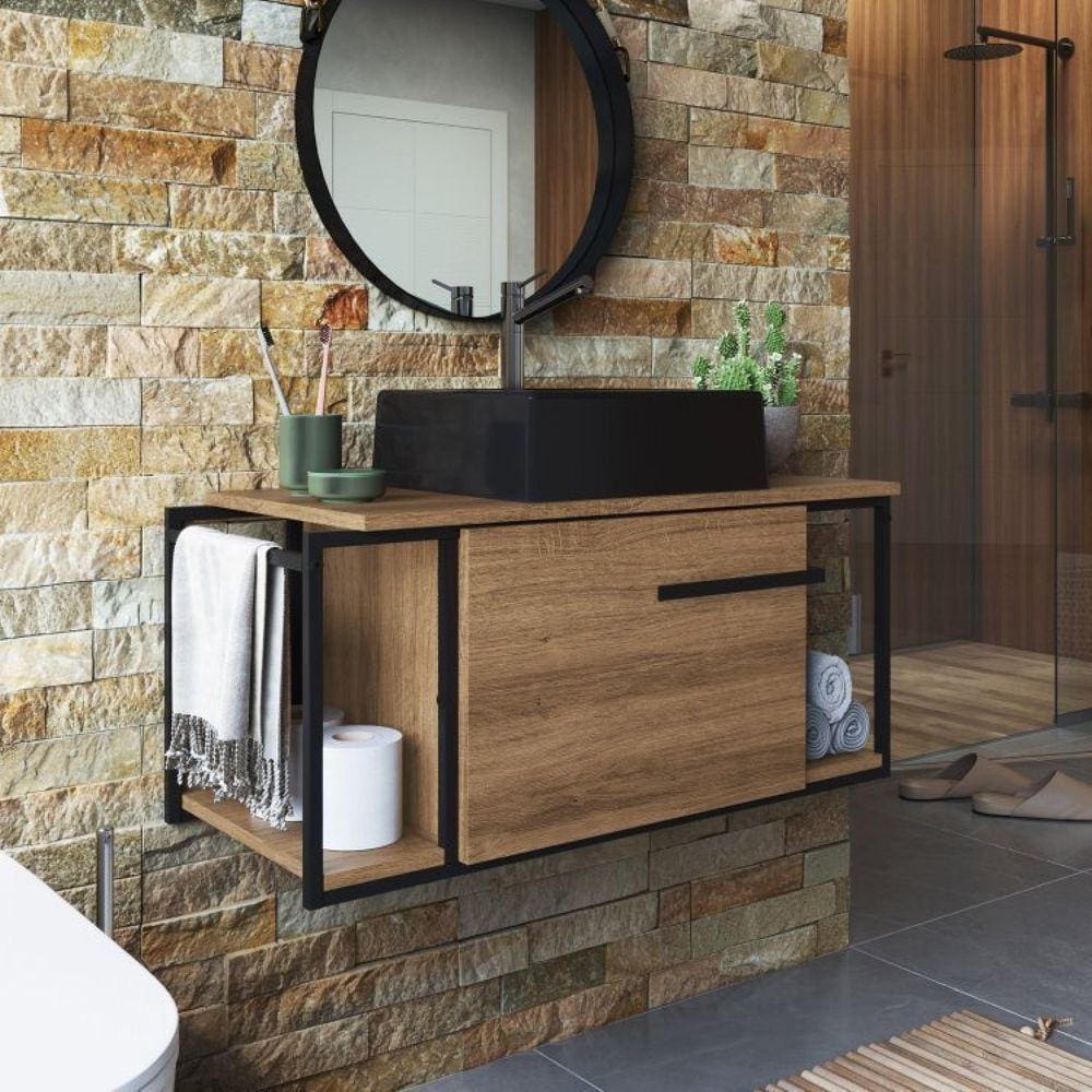 Gabinete Suspenso Para Banheiro 80cm P1019 Mel Com Cuba Ametista Preta Preto/Mel