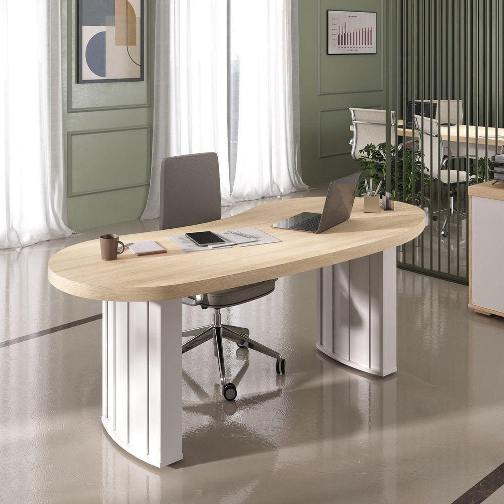 Mesa Para Escritório 200cm Curvas Orgânicas Tampo Tamburato Diretor Artany Carvalho/Branco