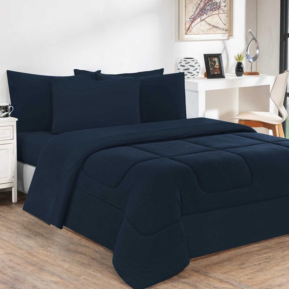 Kit Edredom + Jogo De Lençol Malha 100% Algodão 7 Peças Queen - Azul Marinho-azul Marinho