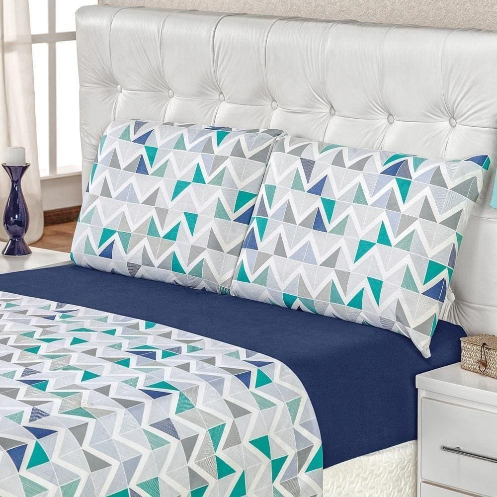 Jogo De Cama Malha Casal Quality 04 Peças - Geométrico Azul