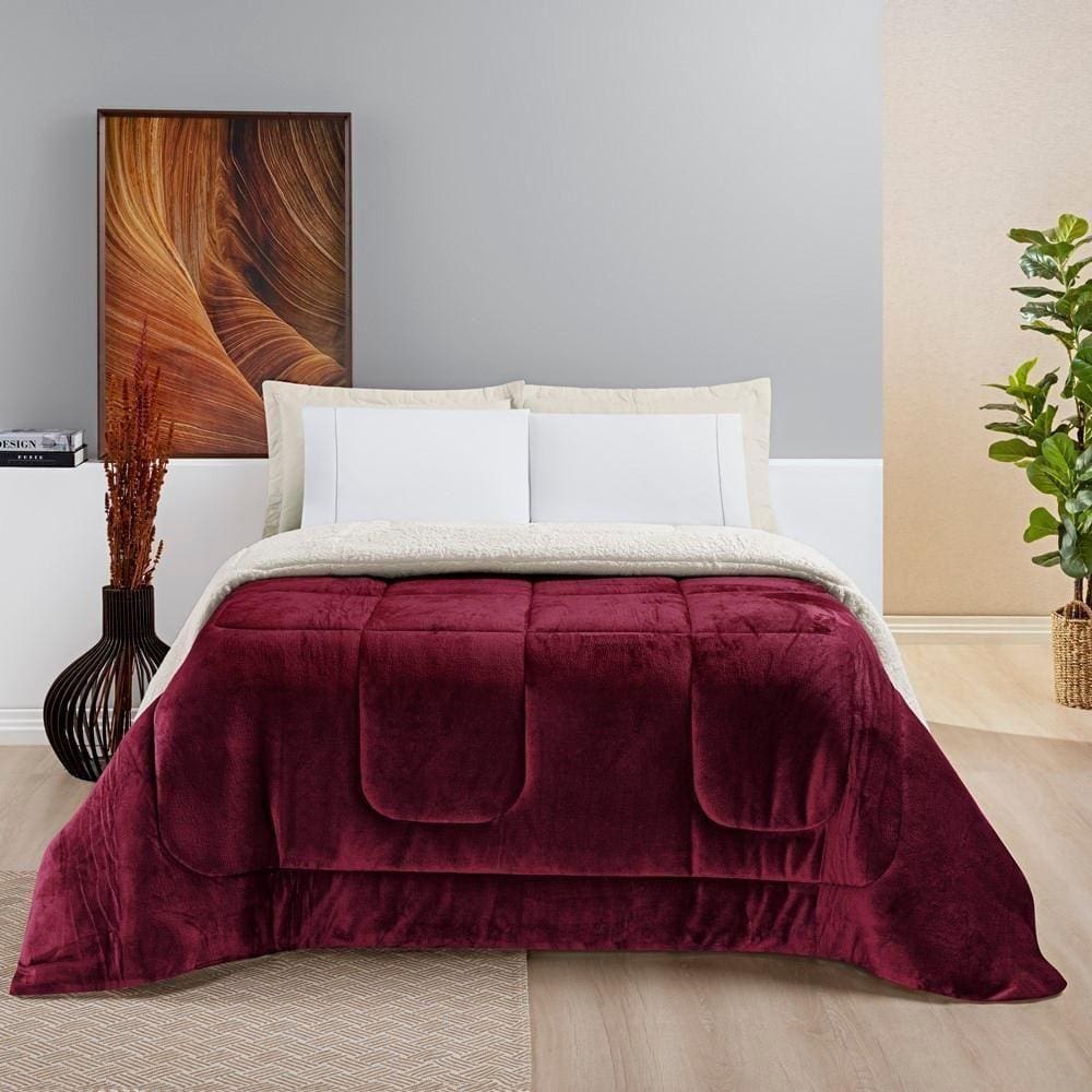 Coberdrom Sherpa E Flannel Everest Solteiro Manta Alta 150g 01 Peça - Vinho