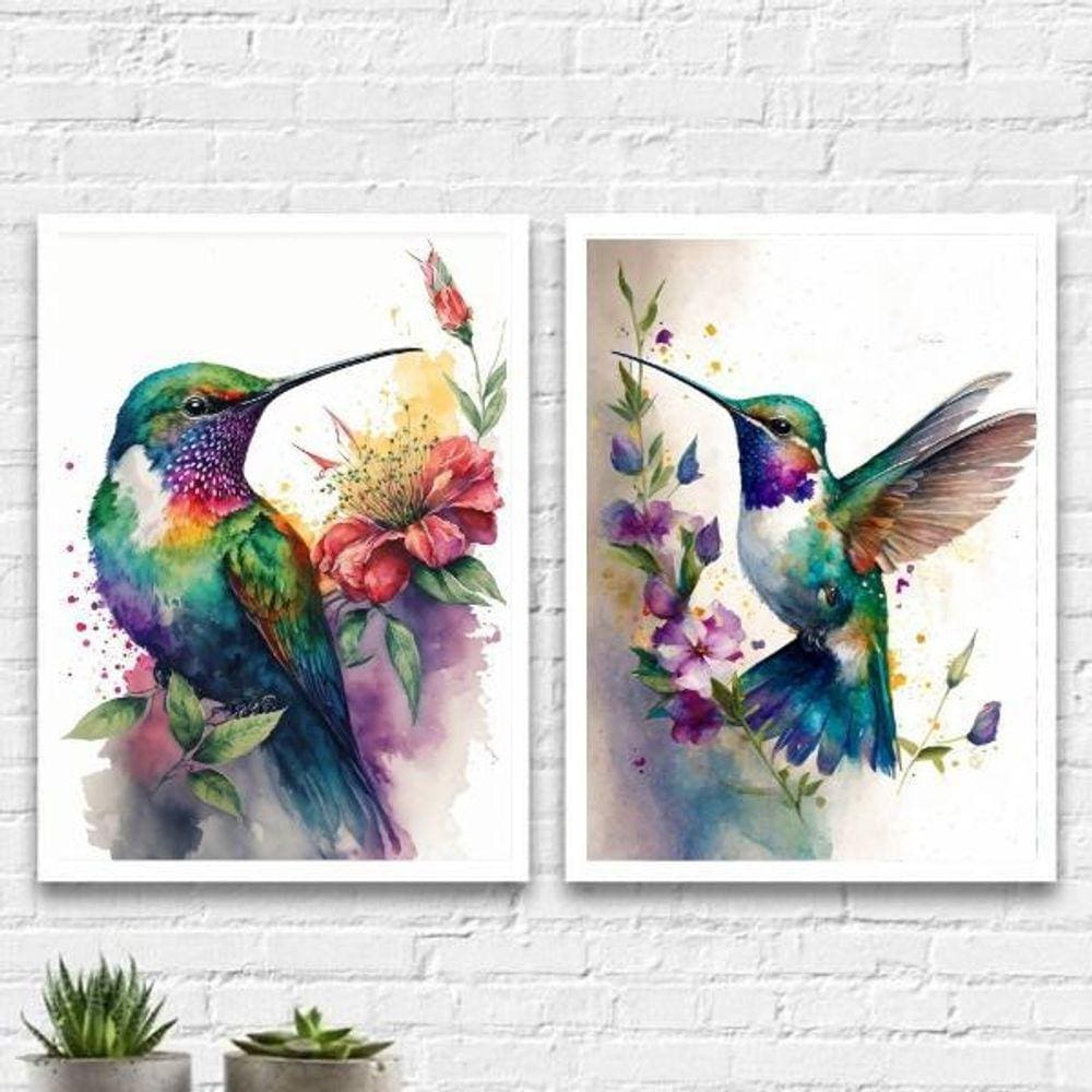 Kit 2 Quadros Beija-Flor Aquarela 45x34cm - Decoração