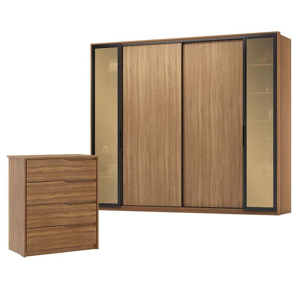 Cômoda Átria e Guarda Roupa Casal Laredo Amêndola Touch Nude Prime Flex com Portas de Vidro Reflecta - Demartez