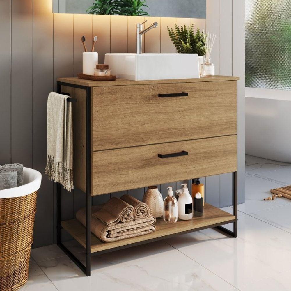 Gabinete Para Banheiro 80cm P1028 Mel C/Cuba Ametista Branca Preto Mel