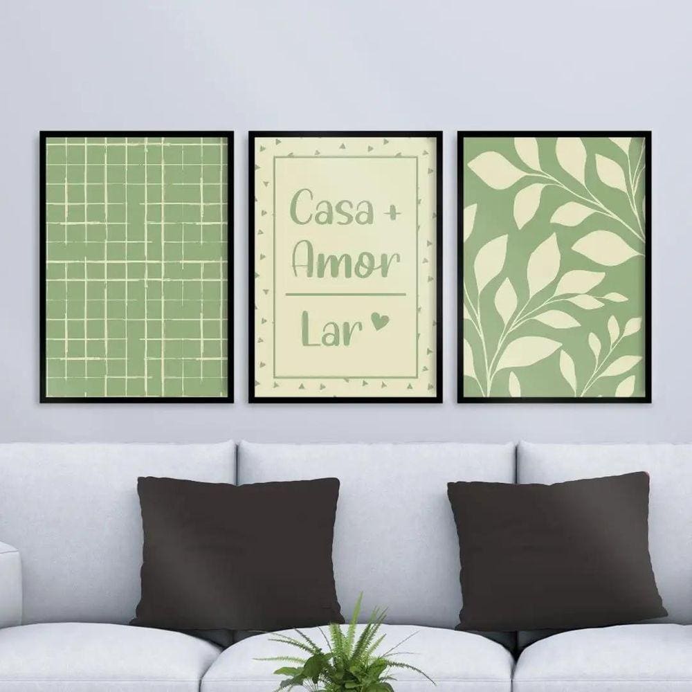 Kit 3 Quadros Casa Amor Lar | Plantas Verde 45x34cm