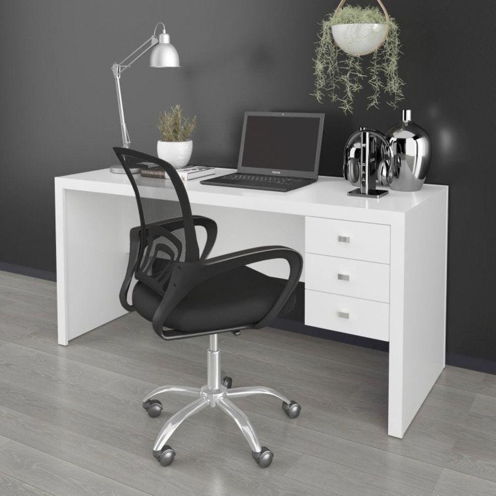 Mesa para Escritório 3 Gavetas Me4113 com Cadeira Diretor Tela Mesh Tok 3310 Branco
