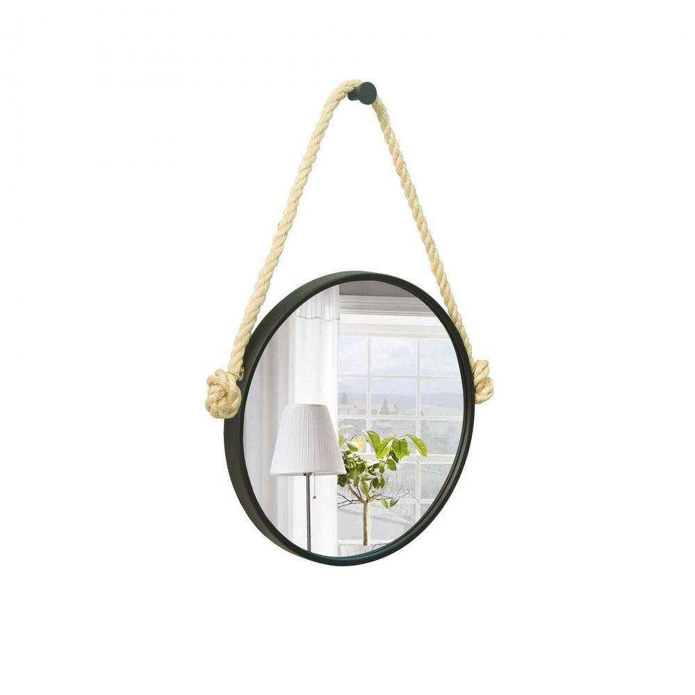 Espelho Decorativo Adnet Preto Alça Sisal Natural 30Cm