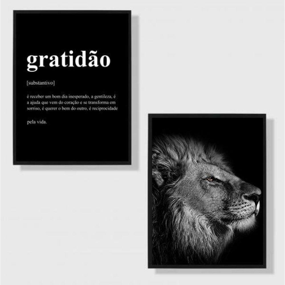 Kit 2 Quadros Leão Gratitude Significado 45x34cm