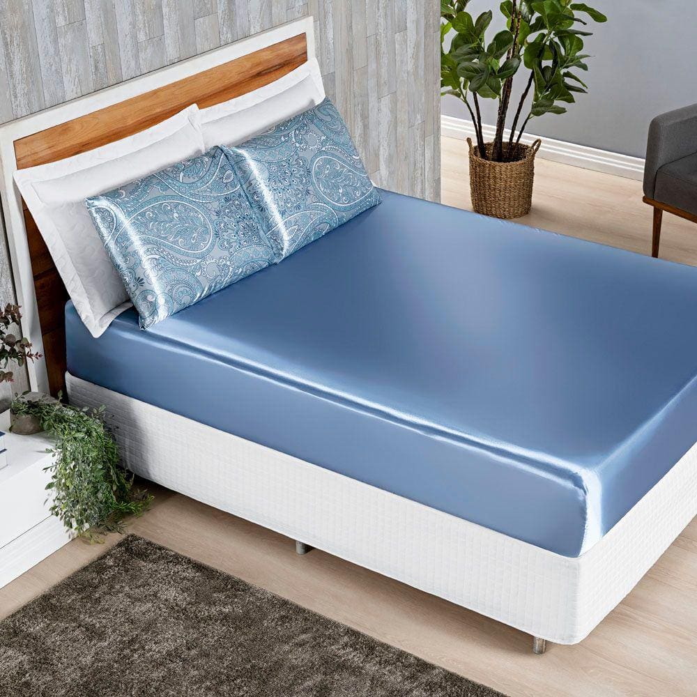 Jogo Cama Lençol Vine Casal Padrão Cetim Estampado Alto Brilho 3 Peças - Azul Serenity Mandala