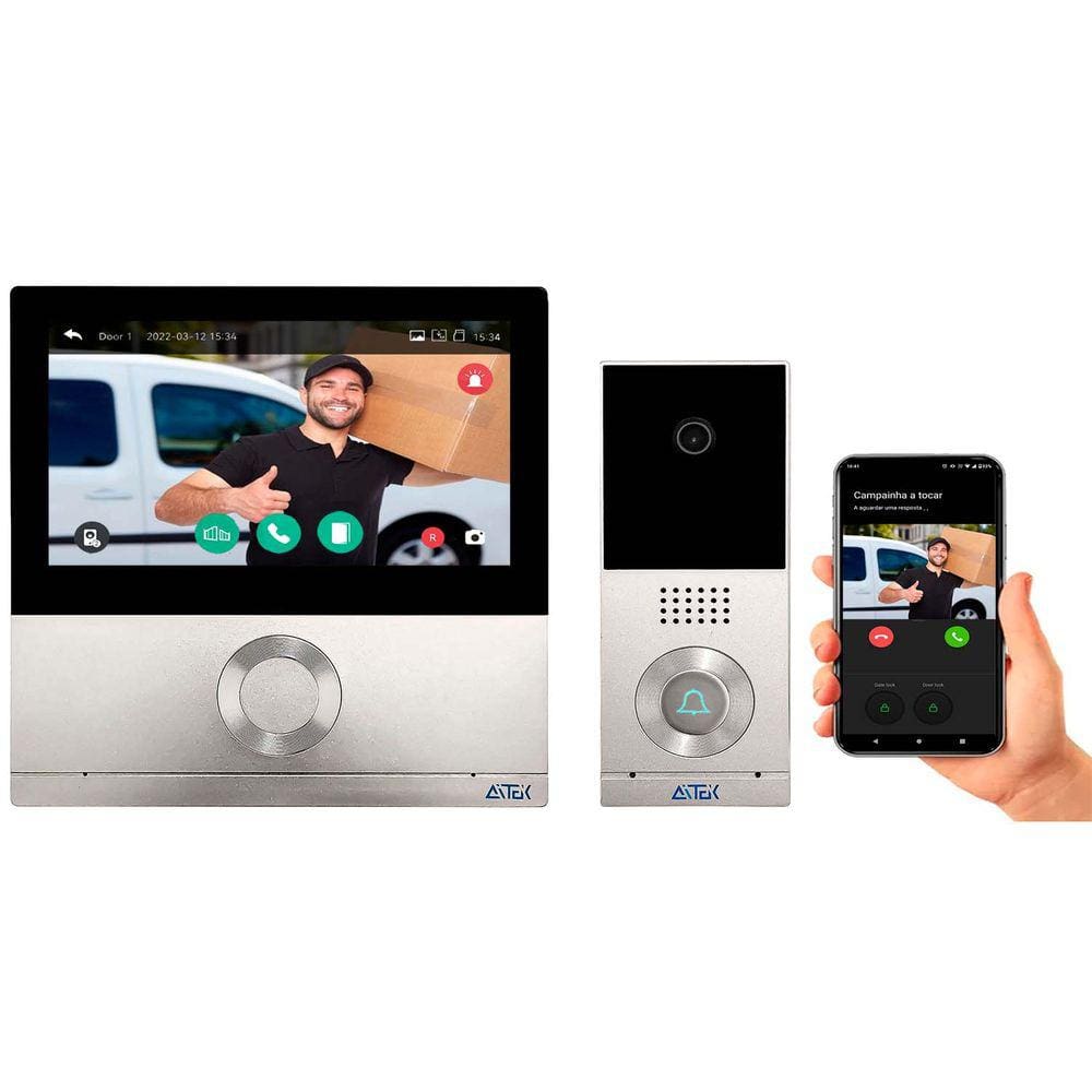 Vídeo Porteiro Interfone Com Monitor 1080p 7\" Grava Video e Foto em Cartão Micro SD App Smart Wifi Celular Android IOS