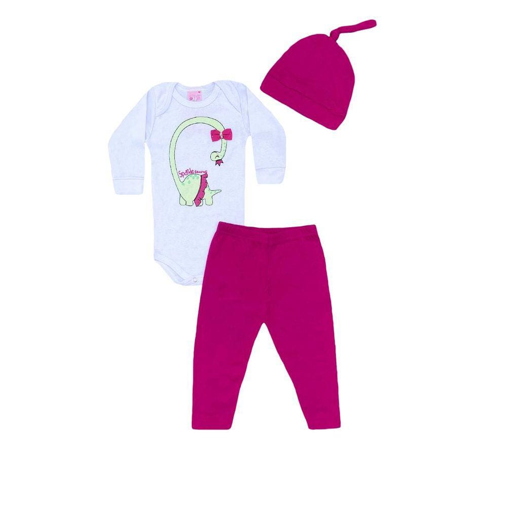 Conjunto Infantil Menina Body Branco Dino + Calça Pink e Touca - Lumagy