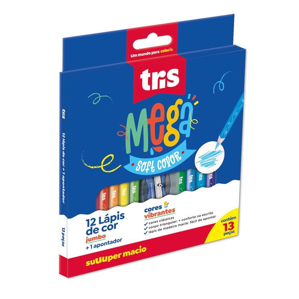Kit 12 Lápis de Cor Jumbo + 1 Apontador Mega Soft Color Tris