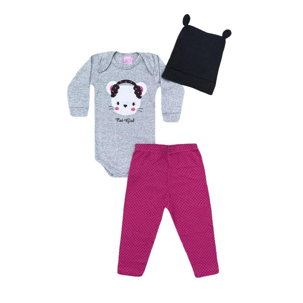 Conjunto Infantil Menina Body Mescla Gatinha + Calça Pink e Touca - Lumagy