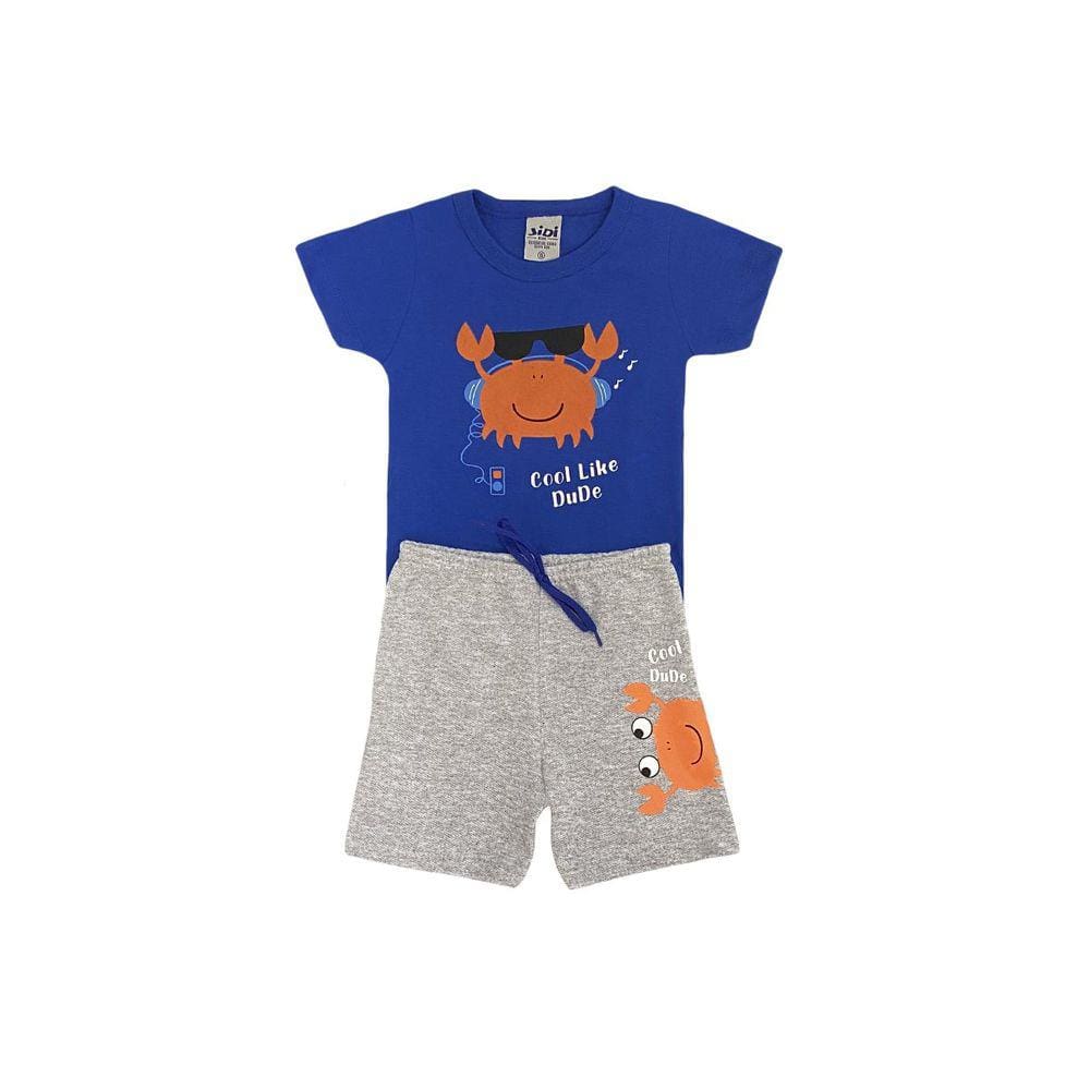 Conjunto Infantil Menino Camiseta Azul Caranguejo e Bermuda Mescla - Jidi Kids