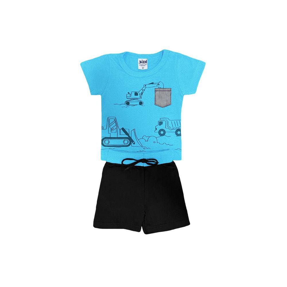 Conjunto Infantil Menino Camiseta Azul Máquina e Bermuda Preta - Jidi Kids