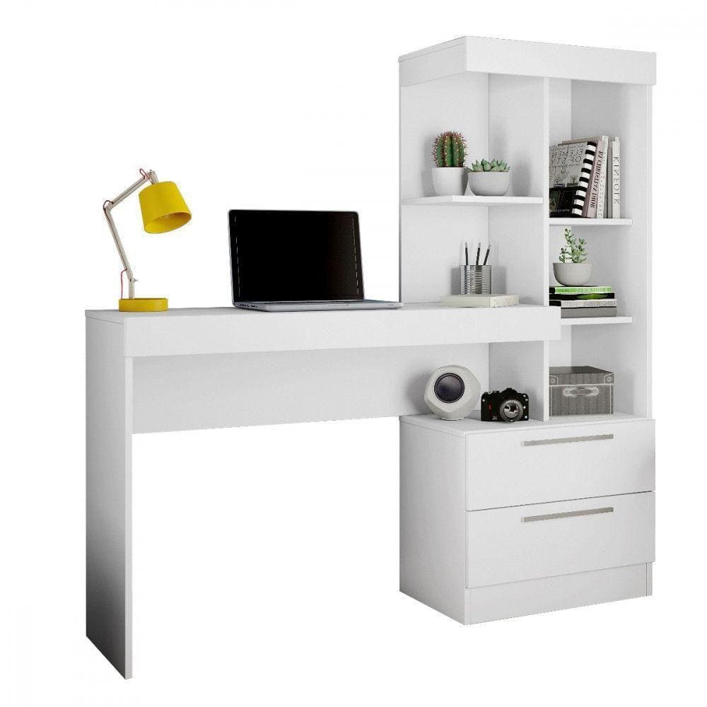Mesa Para Escritório Com Estante E 2 Gavetas Office Branco