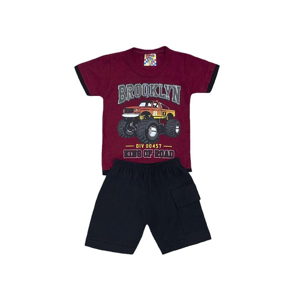Conjunto Infantil Menino Camiseta Bordo Brooklyn e Bermuda Preta - Pituki