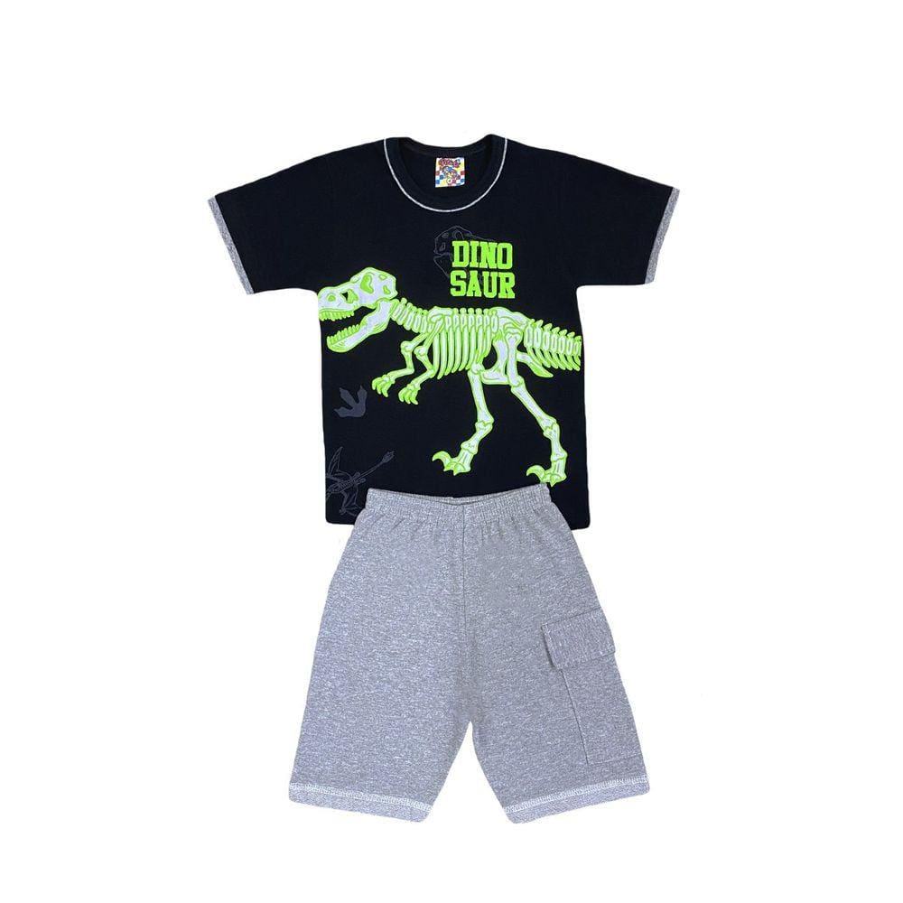 Conjunto Infantil Menino Camiseta Preta Dino e Bermuda Moletinho Mescla - Pituki