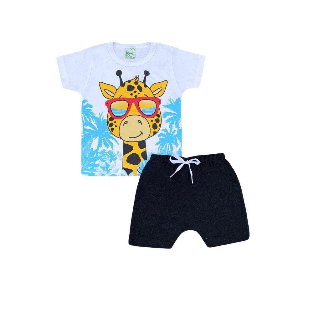 Conjunto Infantil Menino Camiseta Branca Girafa com Bermuda Preta - Lumagy