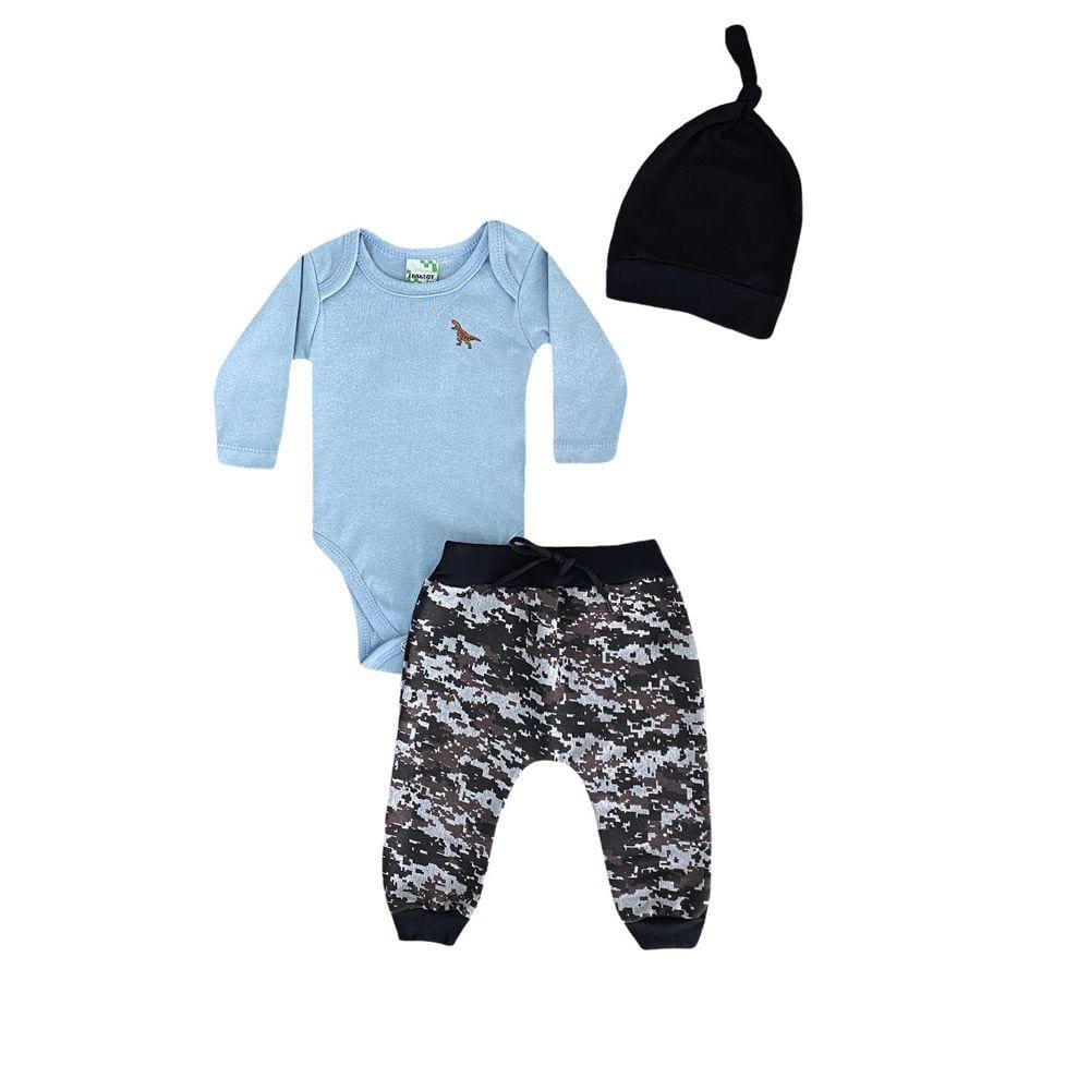 Conjunto Infantil Menino Body Cinza + Calça Camuflada e Touca - Lumagy