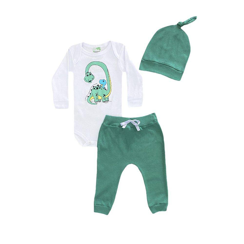 Conjunto Infantil Menino Body Branco Dino + Calça Verde e Touca - Lumagy