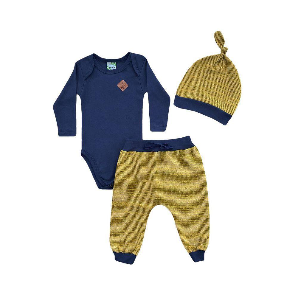 Conjunto Infantil Menino Body Azul Marinho + Calça Amarela e Touca - Lumagy