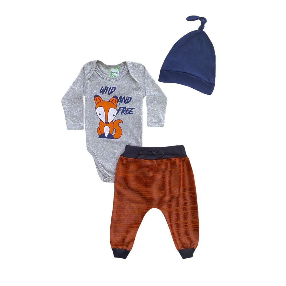 Conjunto Infantil Menino Body Mescla Raposa + Calça Laranja e Touca - Lumagy