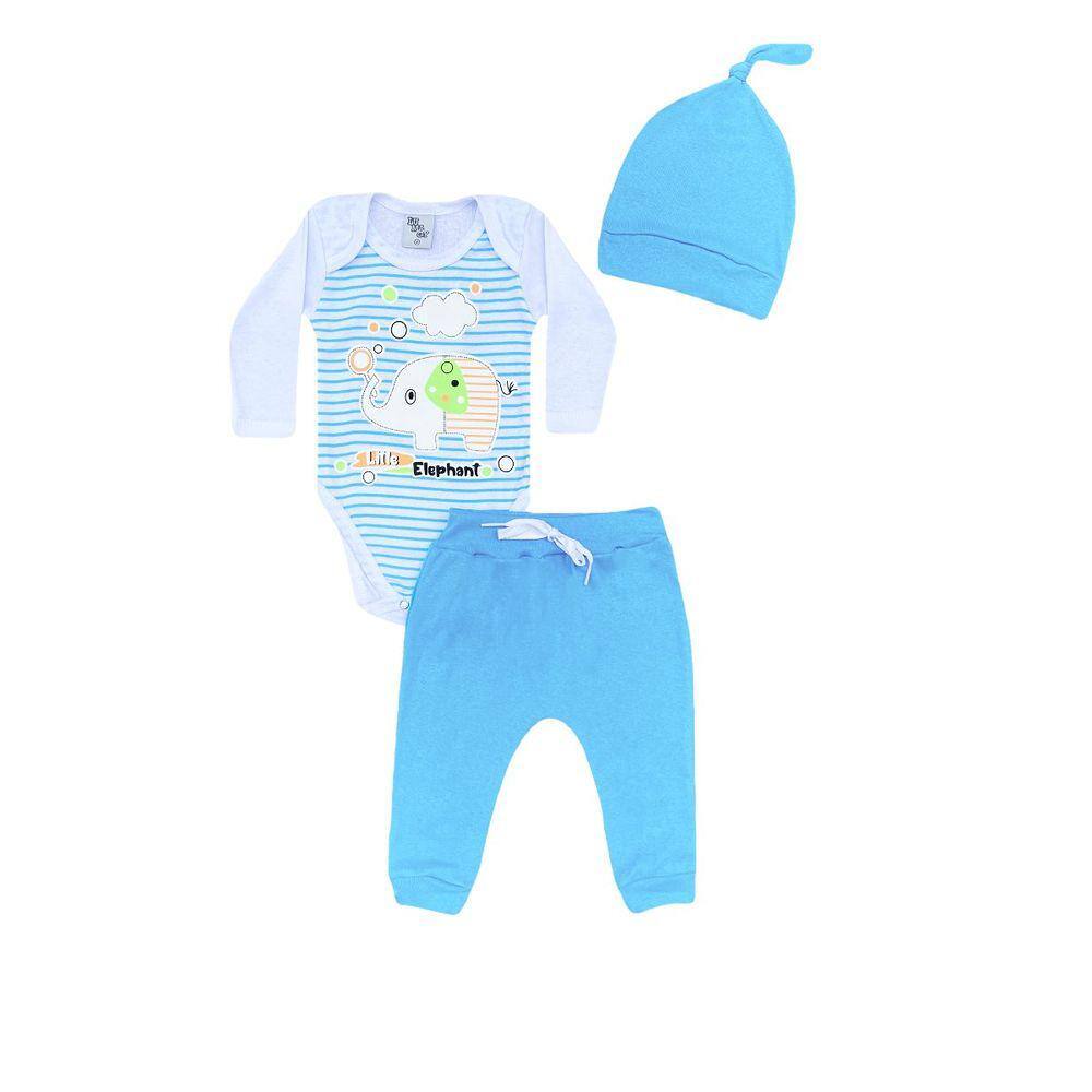 Conjunto Infantil Menino Body Branco Elefante + Calça Turquesa e Touca - Lumagy