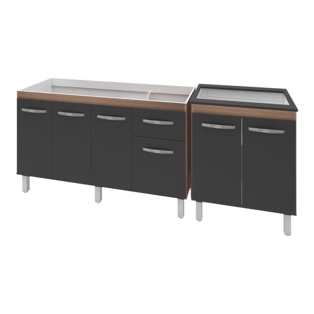 Armário Cozinha Gabinete Pia De 140 Cm Camile Com Balcão Cooktop 5 Bocas Savana Frente Preta Jade