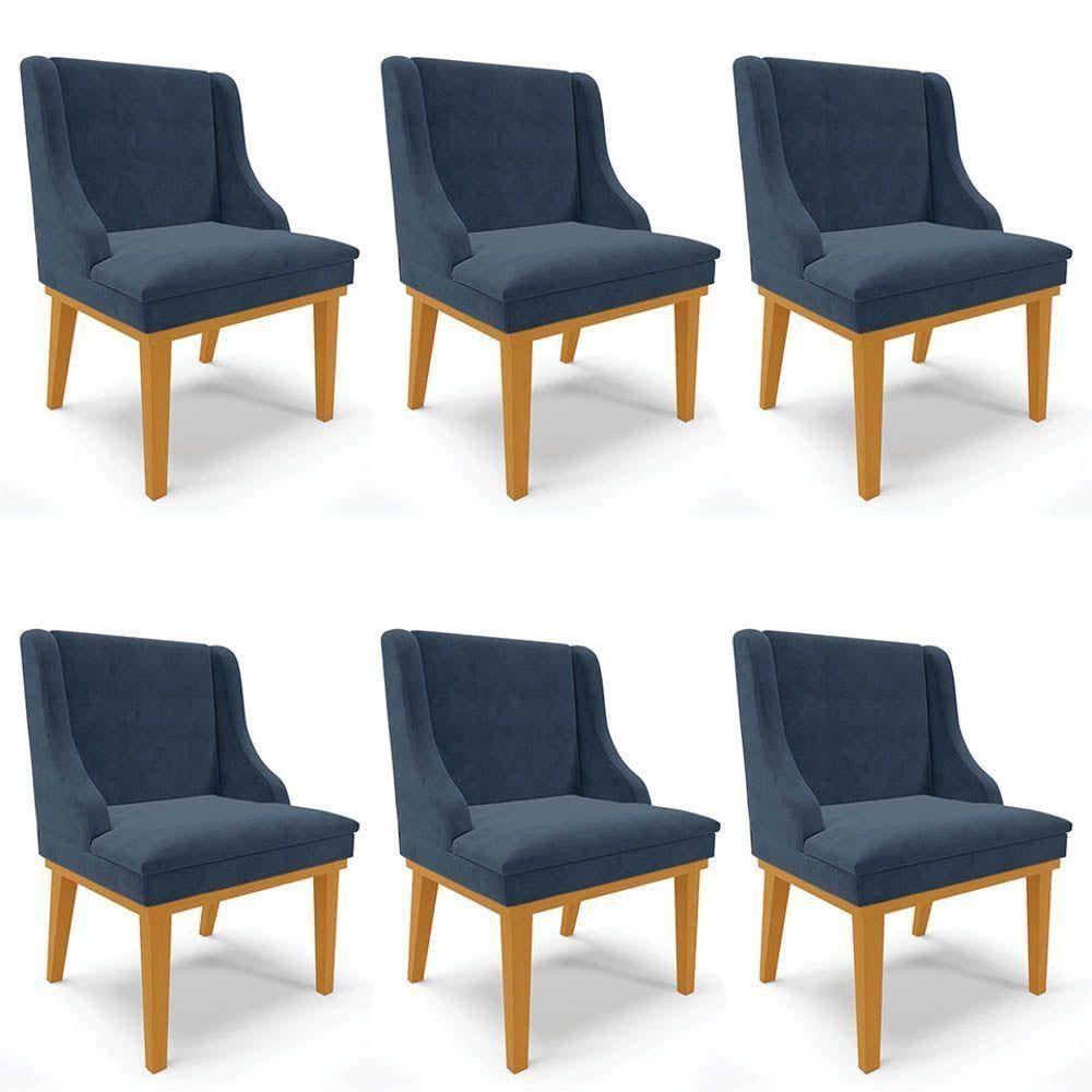 Kit 6 Cadeiras Estofadas Para Sala De Jantar Base Fixa De Madeira Castanho Lia Suede Azul-Ibiza