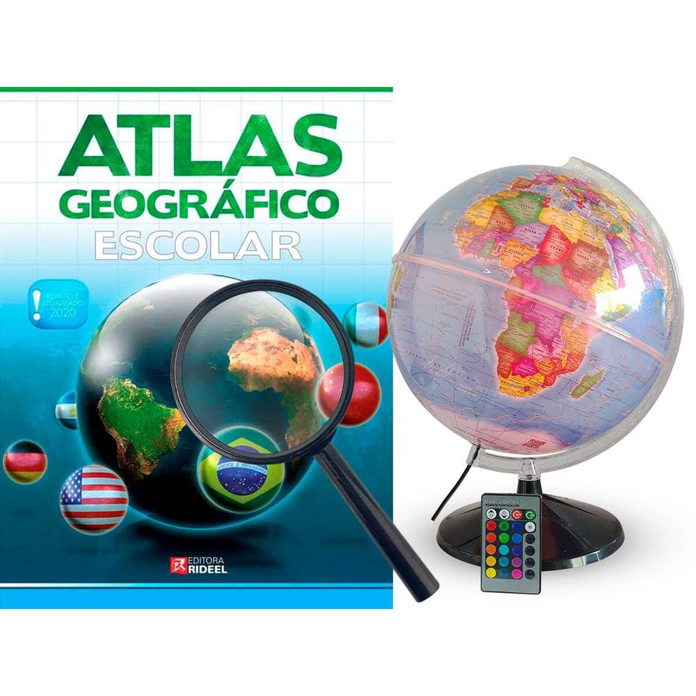 Kit Globo Terrestre Profissional Prisma RGB 30cm + Lupa +  Livro Atlas Escolar Com Divisão De Países Base Em Plástico