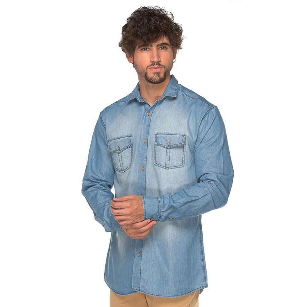 Camisa Social Manga Longa Slim Jeans Leve Bolsos Casual