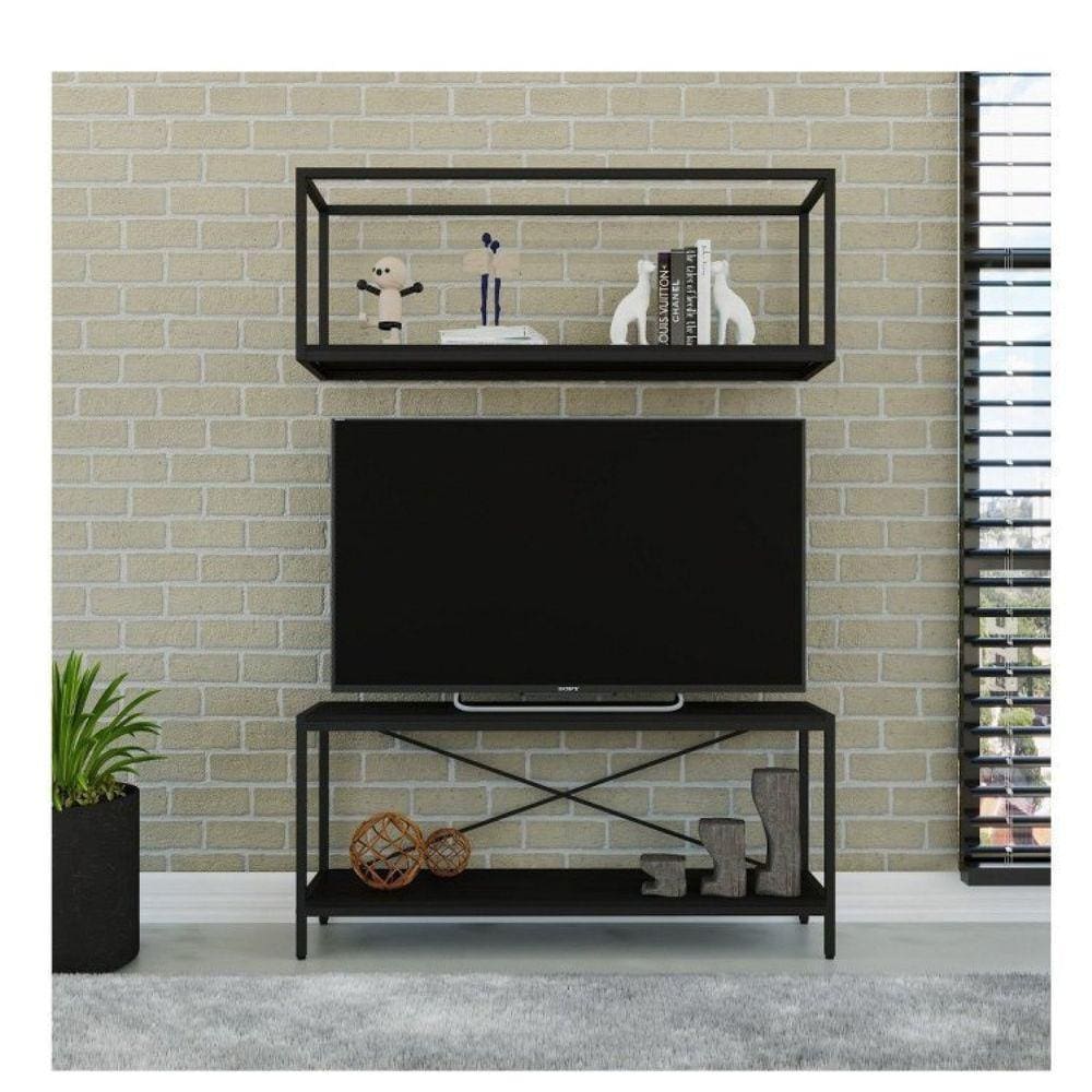 Conjunto Rack para TV até 50 Polegadas 1 Nicho Aéreo Estilo Industrial Active Yescasa Preto Onix