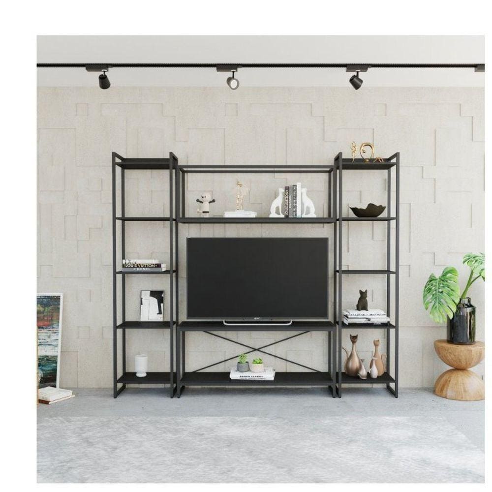 Conjunto Rack para TV até 50 Polegadas 1 Nicho Aéreo 2 Estante Estilo Industrial Active Yescasa Preto Onix