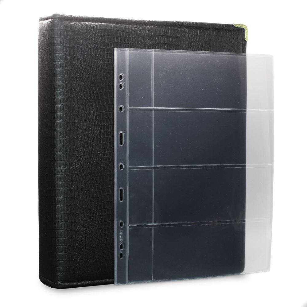 Álbum Fichário 20 Folhas para Cédulas 4 Espaços Bolso 32x24 Ziper Cobra Fosco GG