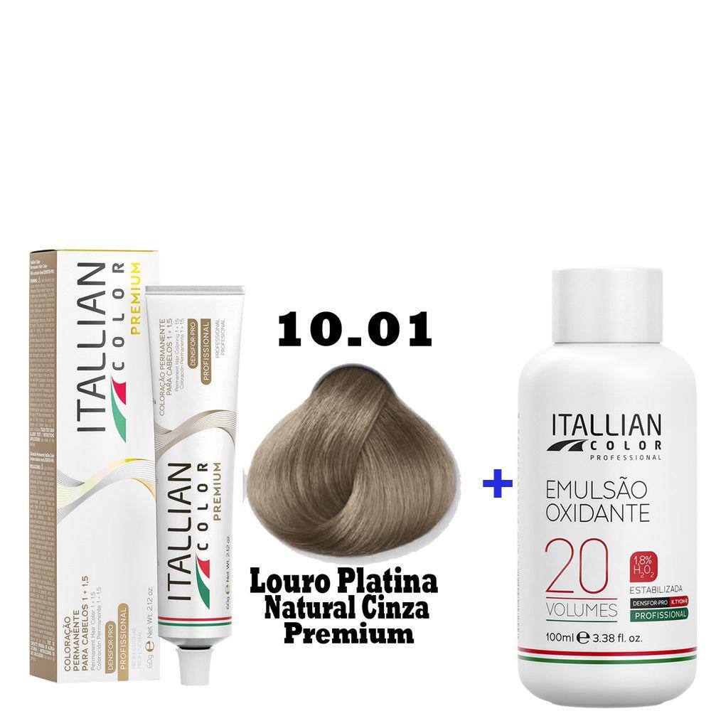 Kit Coloração Itallian Premium 60g Louro Platina Natural Cinza 10.01 + Emulsão Oxi 20vol.x100ml.