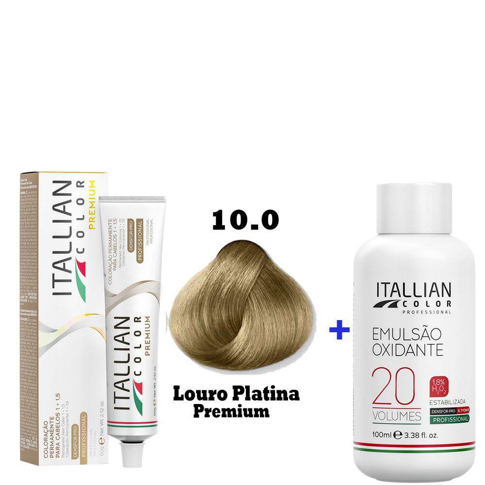 Kit Coloração Itallian Premium 60g Louro Platina 10.0 + Emulsão Oxi 20vol.x100ml.
