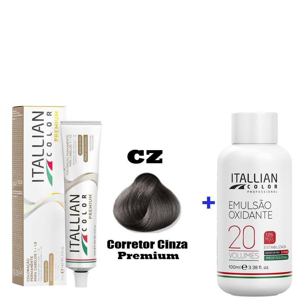 Kit Coloração Itallian Premium 60g Corretor Cinza CZ + Emulssão Oxi 20vol.x100ml.