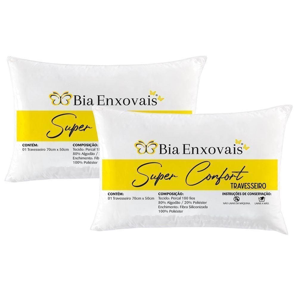 Kit 2 Travesseiros 50x70cm Antialérgico Lavável Fibra Siliconada Macio Confort - Branco