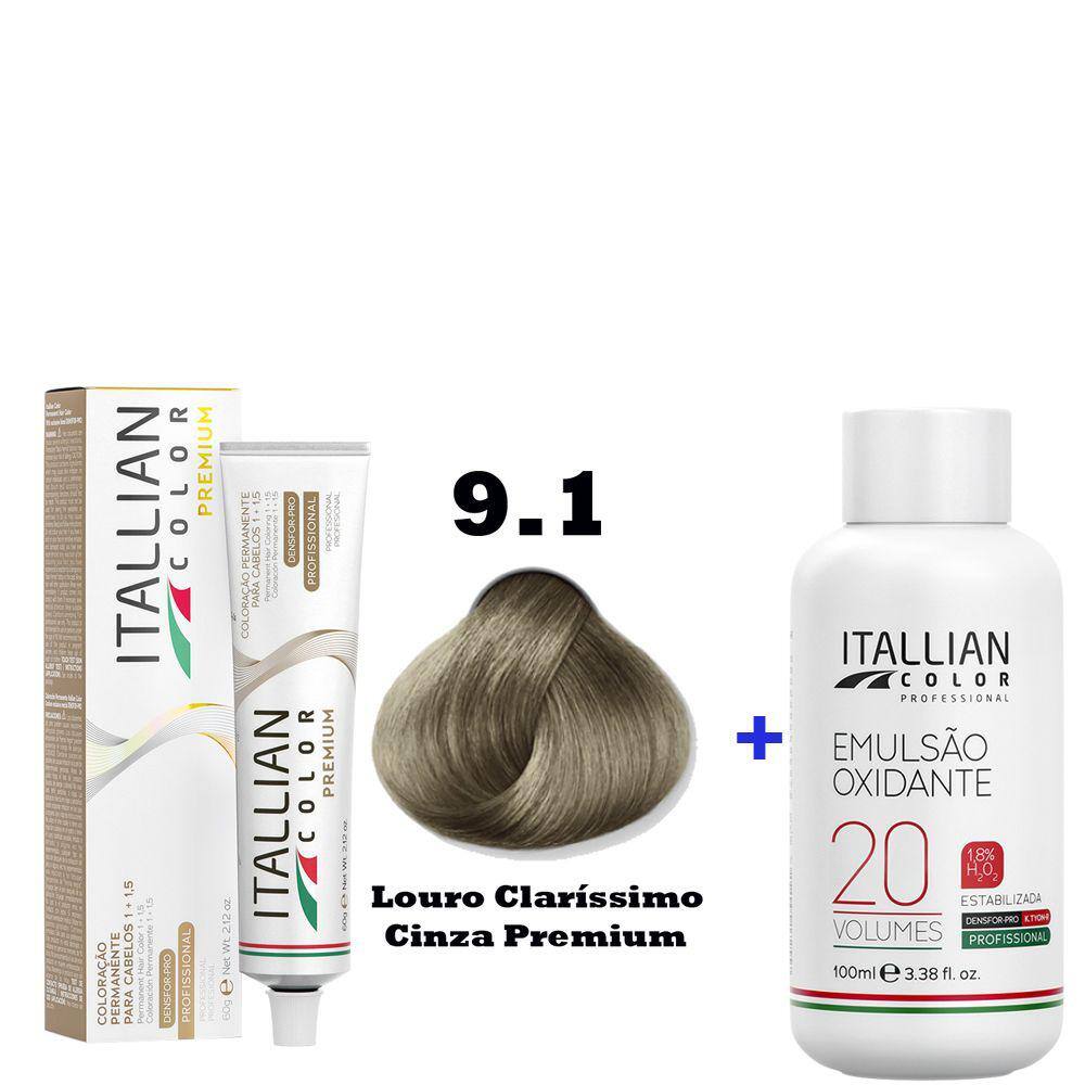 Kit Coloração Itallian Premium 60g Louro Clarissimo Cinza 9.1 + Emulsão Oxi 20vol.x100ml.