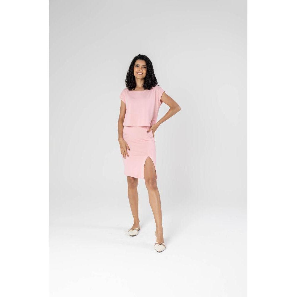 Conjunto Blusa Cropped + Saia Curta Com Fenda Lateral