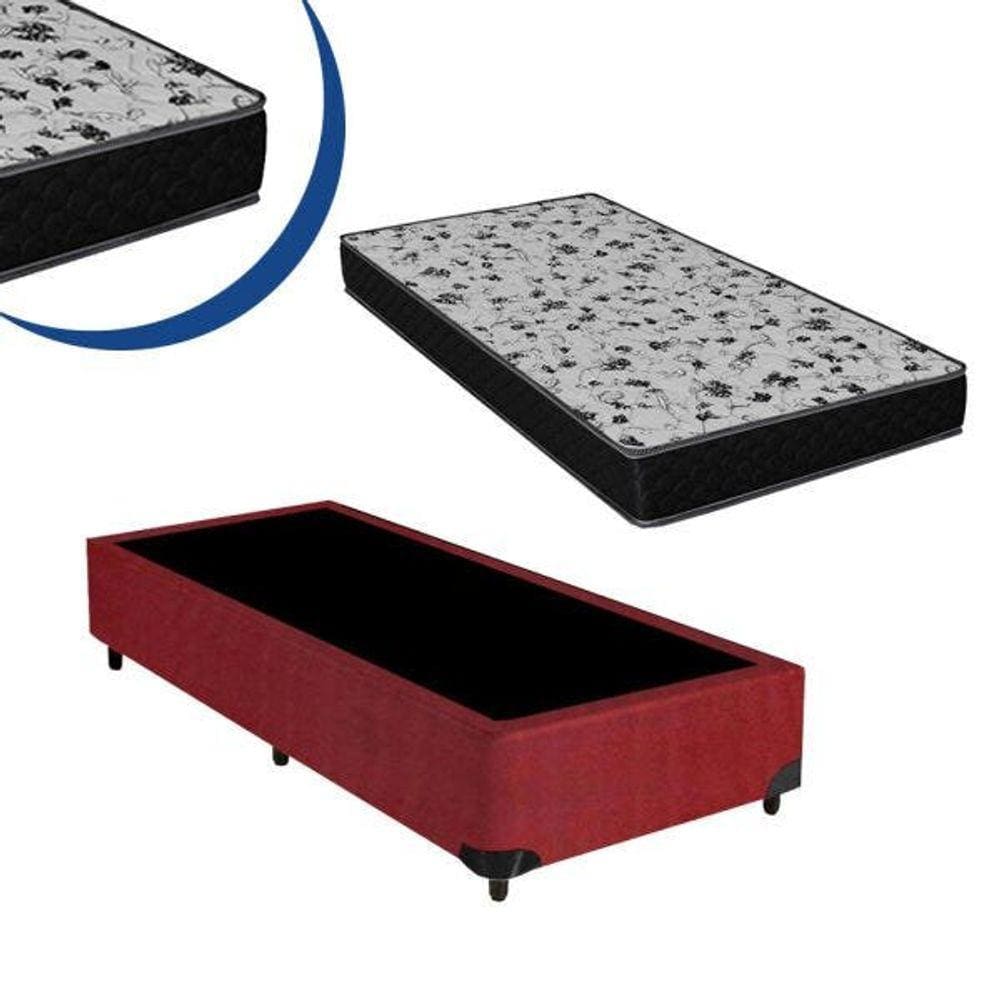 Cama Box Solteiro Colchão Espuma D33 Bordado + Box Suede Vinho 44x88x188