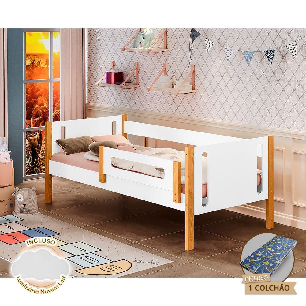 Cama de Criança Infantil com Colchão Mirela com Grade de Proteção Branco/amêndoa Acompanha Luminária