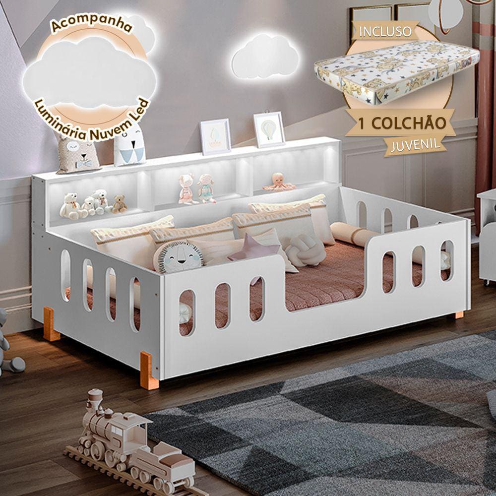 Cama de Criança Infantil Montessoriana com Colchão Juvenil Led e Nicho Nina Branca Acompanha Luminár