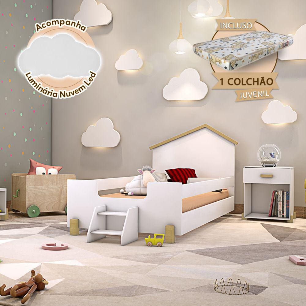 Cama de Criança Infantil Montessoriana com Colchão e Escadinha Juvenil Ayla Branca e Natural Acompan